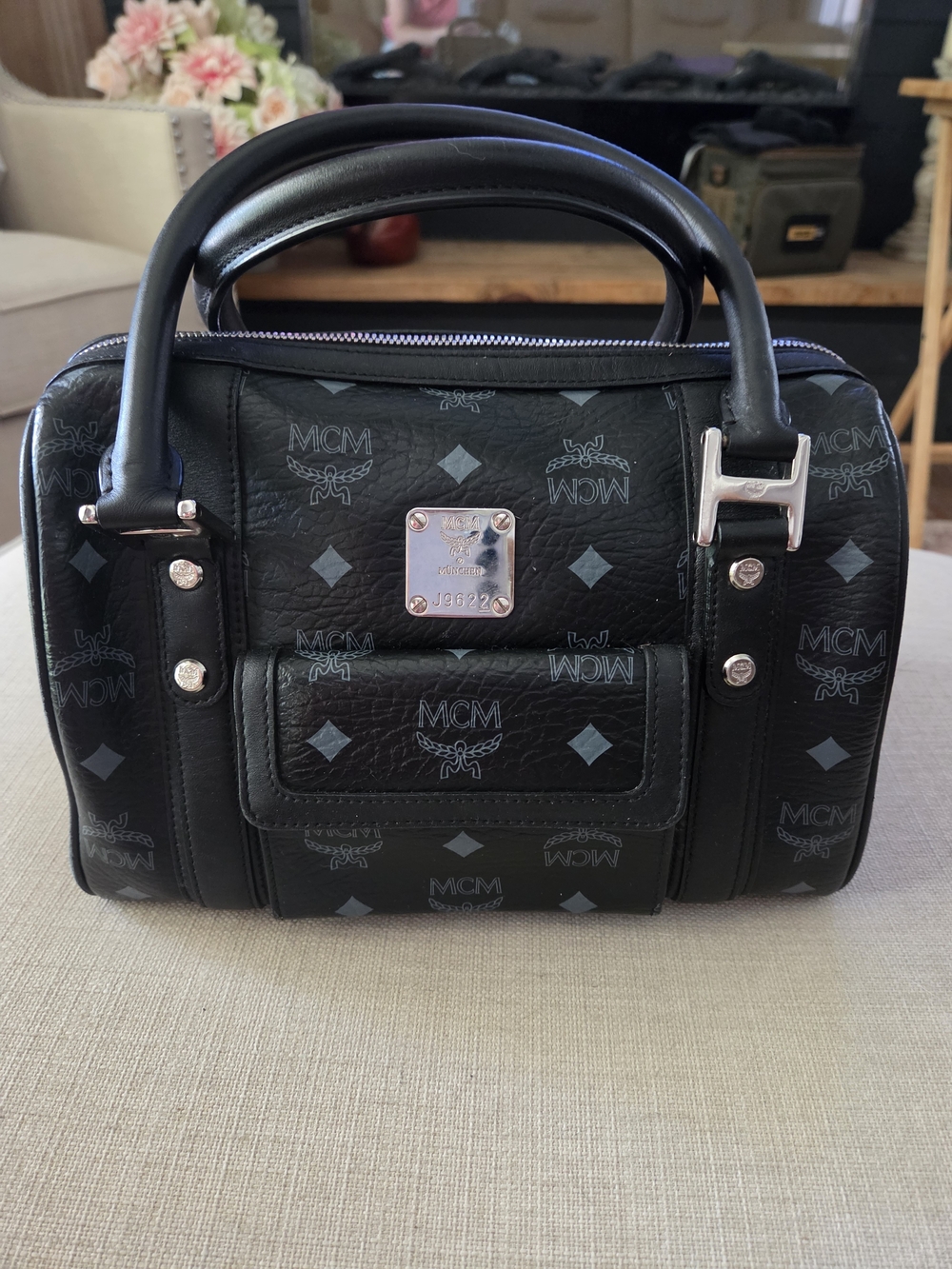 MCM Black Monogram Mini Boston Satchel